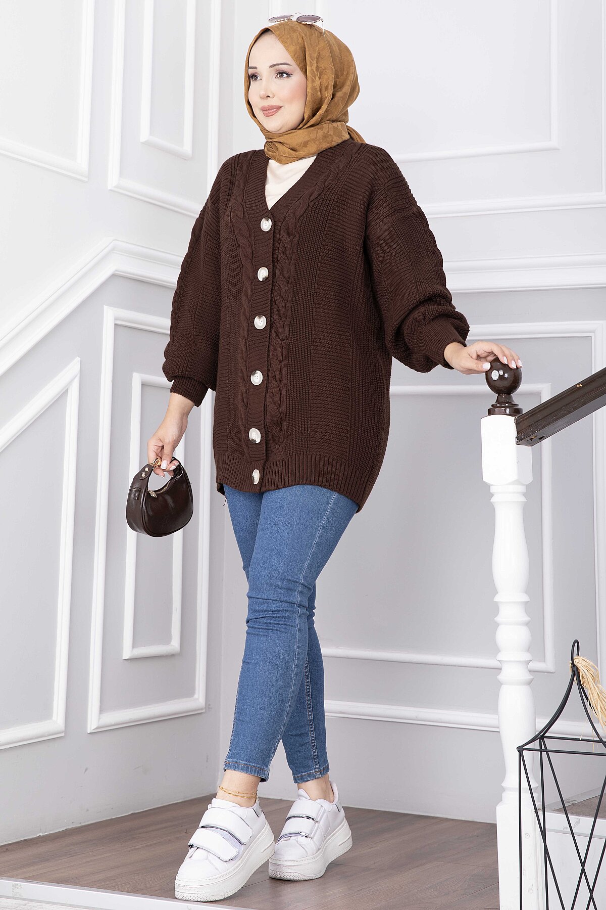 Knitted Cardigan with Hair Knit Detail and Button Closure Brown