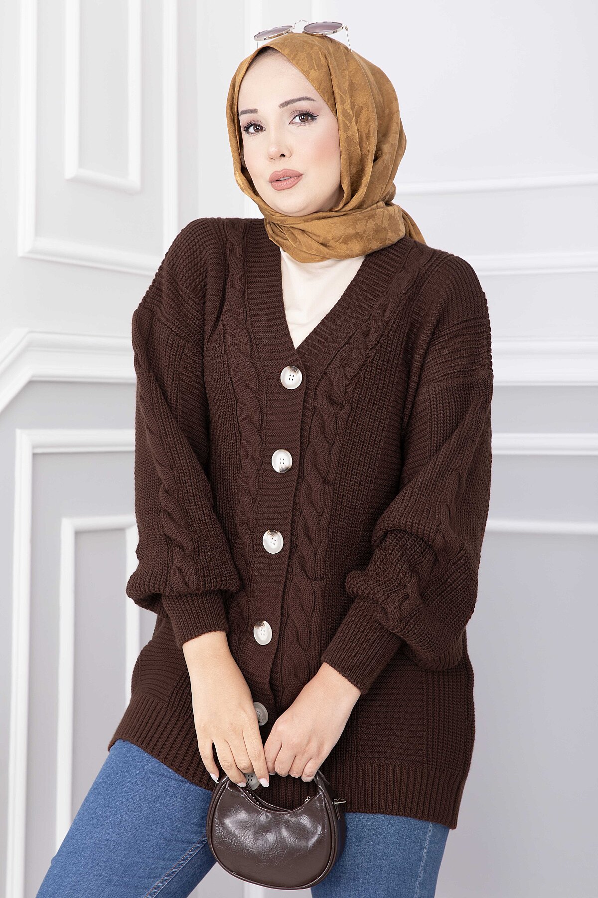 Knitted Cardigan with Hair Knit Detail and Button Closure Brown – Bild 2