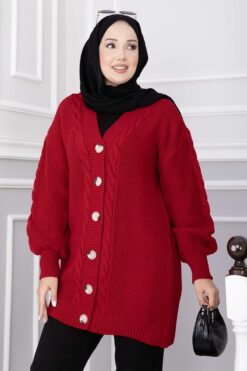 Alternative view of Knitted Cardigan with Hair Knit Detail and Button Closure Red