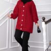 Knitted Cardigan with Hair Knit Detail and Button Closure Red