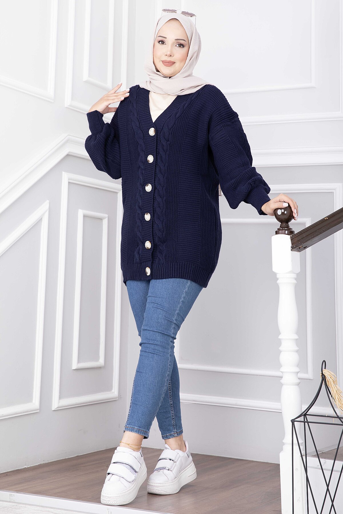 Knitted Cardigan with Hair Knit Detail and Button Closure Navy Blue