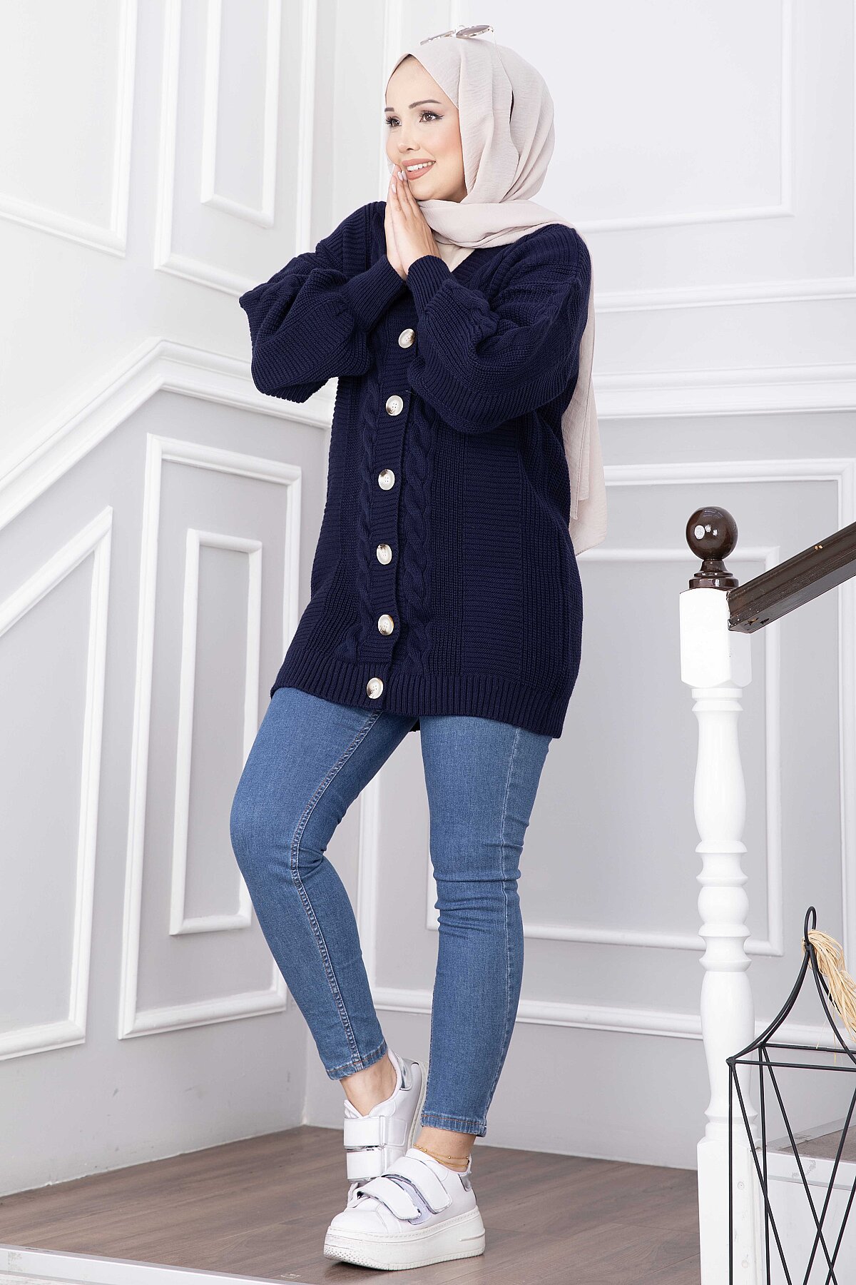 Knitted Cardigan with Hair Knit Detail and Button Closure Navy Blue – Image 3