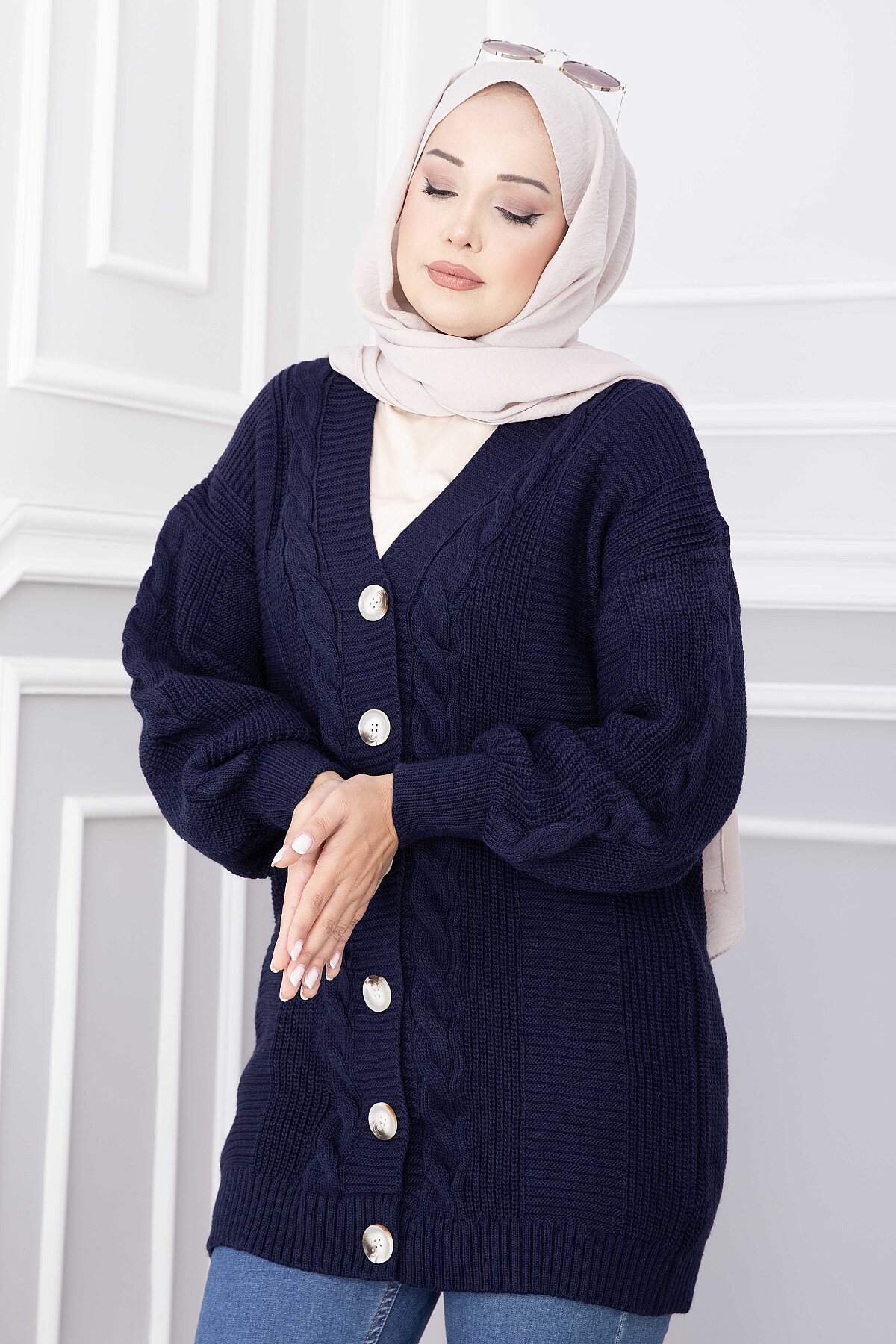 Knitted Cardigan with Hair Knit Detail and Button Closure Navy Blue – Image 2