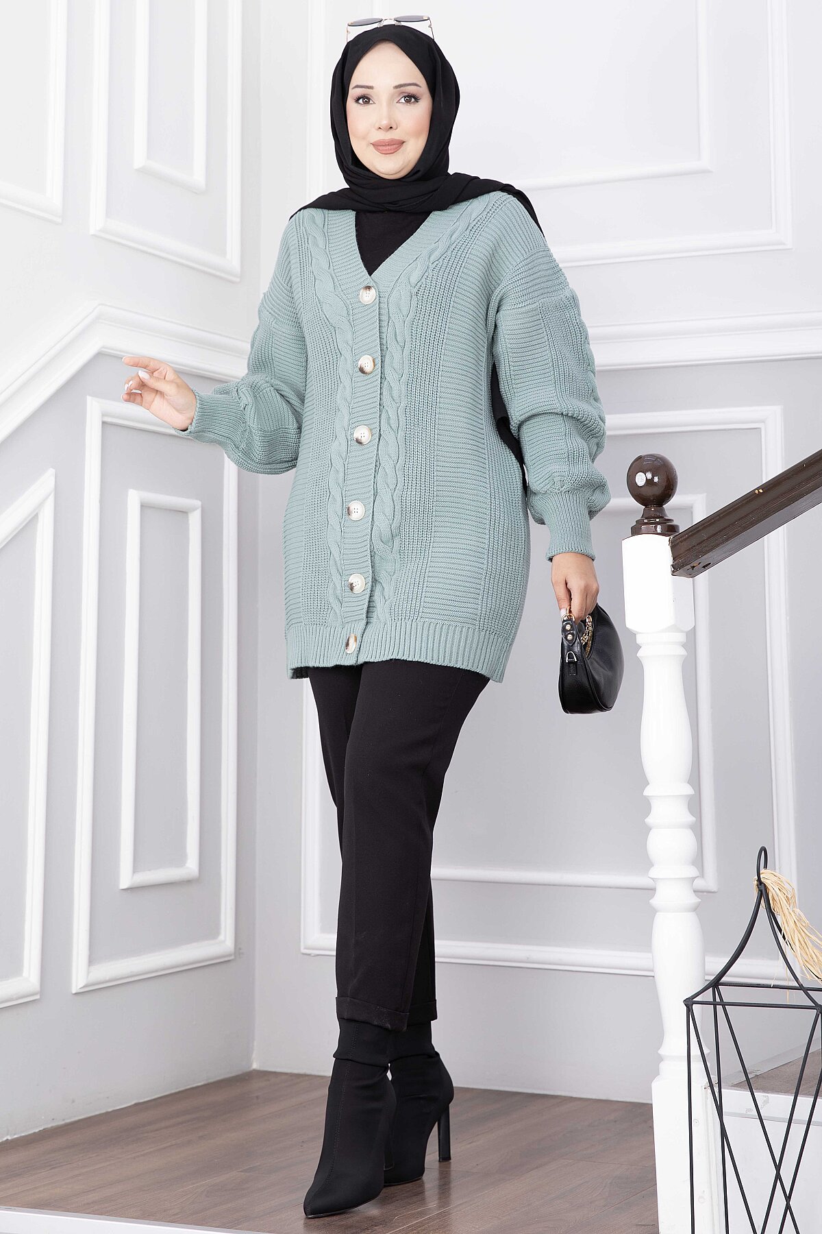 Knitted Cardigan with Hair Knit Detail and Button Closure Mint - immagine 3