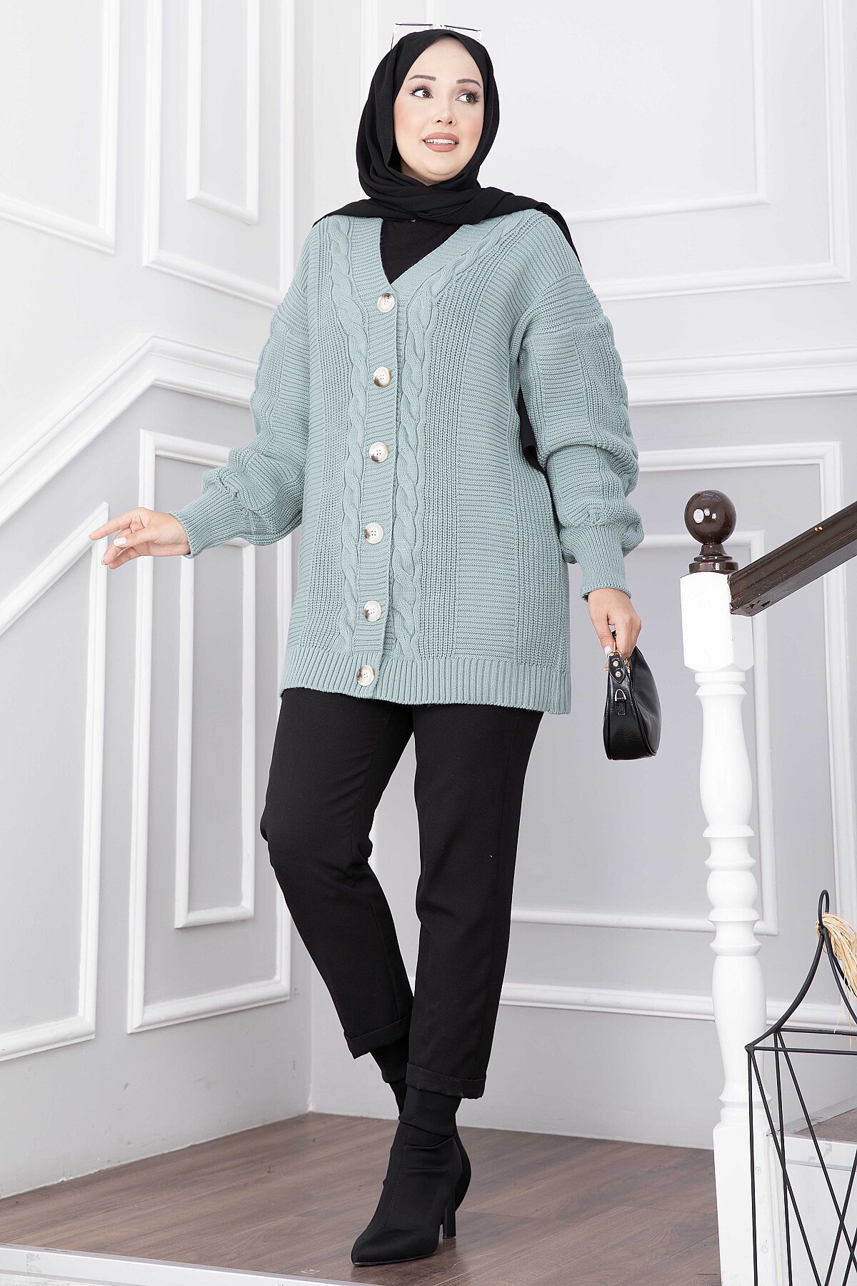Knitted Cardigan with Hair Knit Detail and Button Closure Mint
