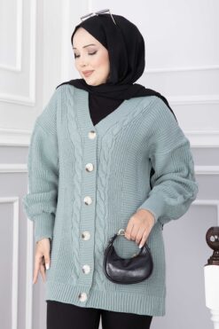 Alternative view of Knitted Cardigan with Hair Knit Detail and Button Closure Mint