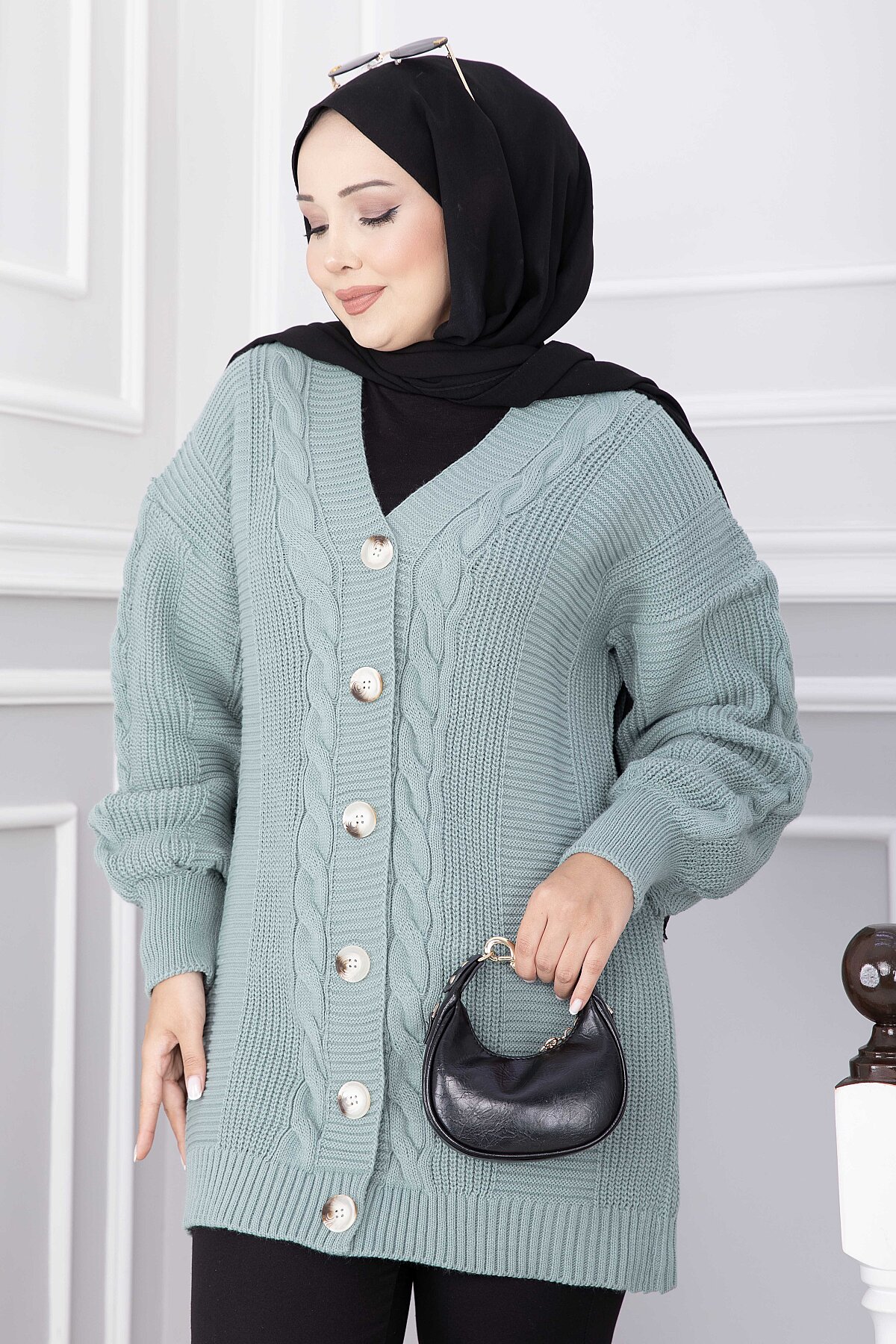 Knitted Cardigan with Hair Knit Detail and Button Closure Mint - immagine 2