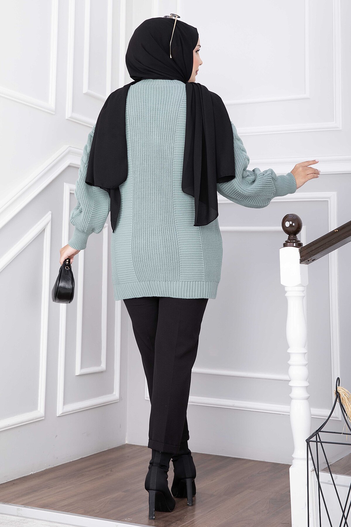Knitted Cardigan with Hair Knit Detail and Button Closure Mint - immagine 4