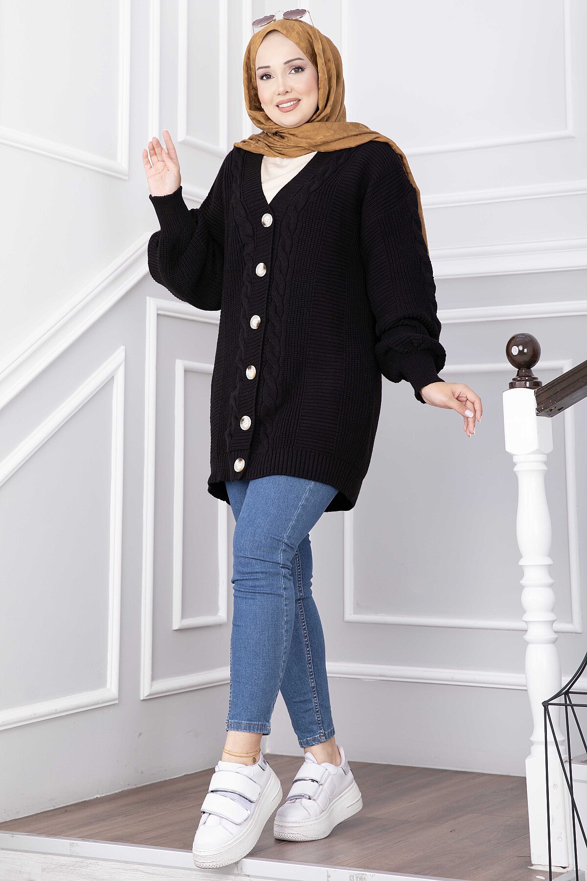 Knitted Cardigan with Hair Knit Detail and Button Closure Black