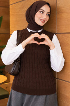 Terry Knit Sweater with Hair Braid Detailing Brown