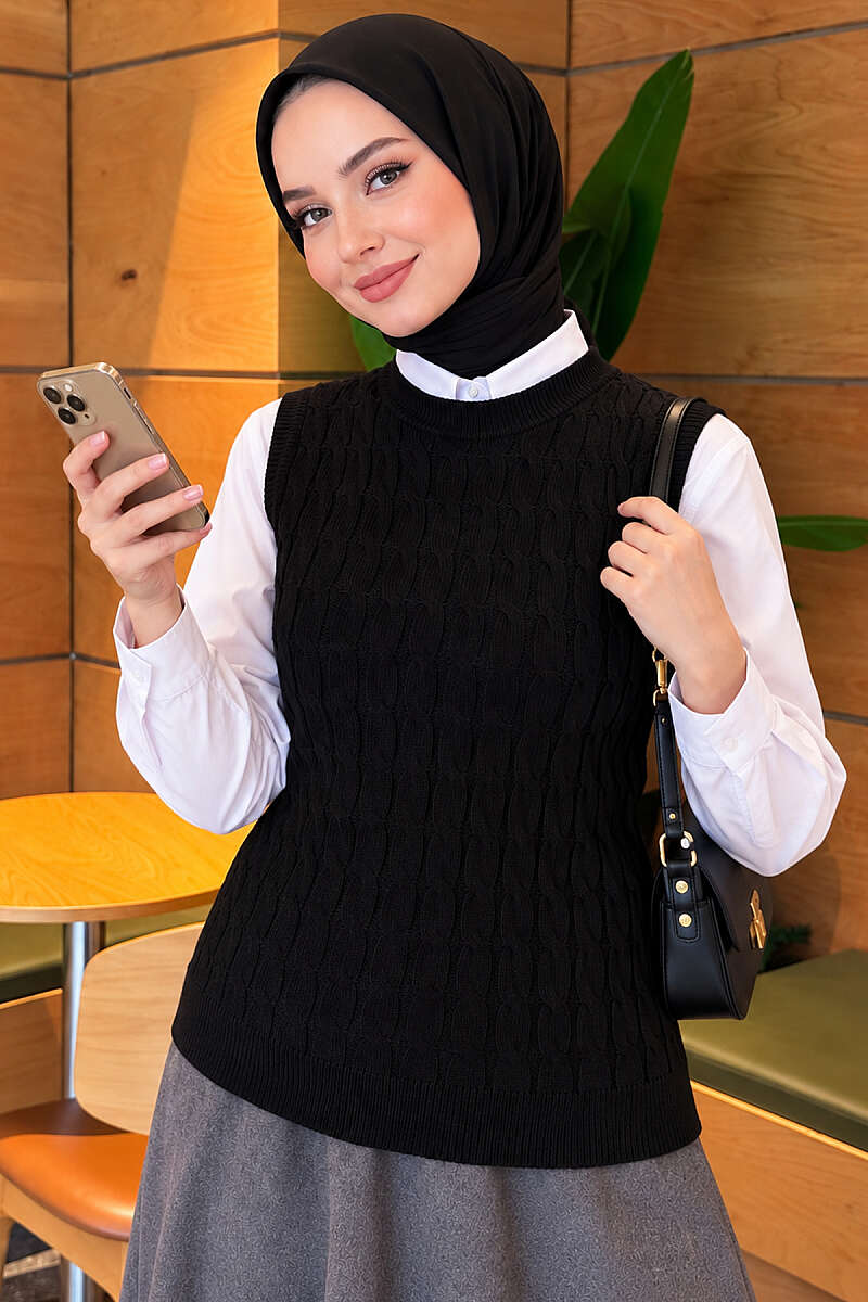 Terry Knit Sweater with Hair Braid Detailing Black