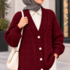 Knitted Cardigan with Button Details and Hair Knit Design Burgundy
