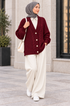 Alternative view of Knitted Cardigan with Button Details and Hair Knit Design Burgundy
