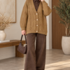 Knitted Cardigan with Button Details and Hair Knit Design Camel