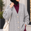 Knitted Cardigan with Button Details and Hair Knit Design Grey