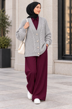 Alternative view of Knitted Cardigan with Button Details and Hair Knit Design Grey