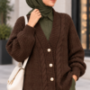 Knitted Cardigan with Button Details and Hair Knit Design Brown