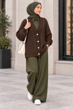 Alternative view of Knitted Cardigan with Button Details and Hair Knit Design Brown