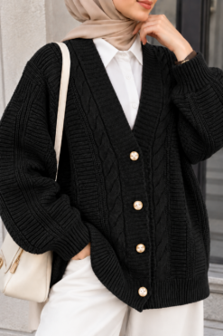 Alternative view of Knitted Cardigan with Button Details and Hair Knit Design Black