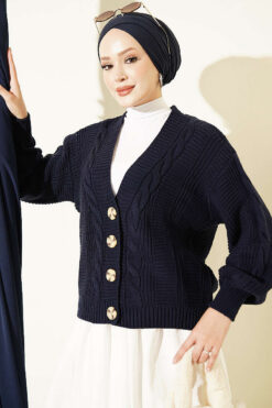 Knitted Short Cardigan with Button Details Navy Blue