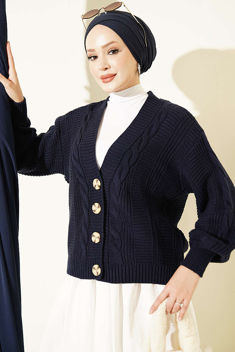 Knitted Short Cardigan with Button Details Navy Blue