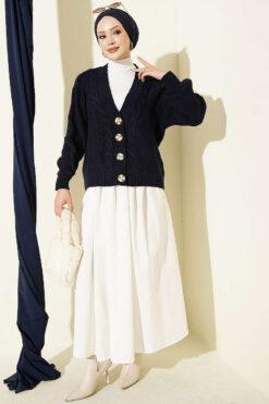 Alternative view of Knitted Short Cardigan with Button Details Navy Blue