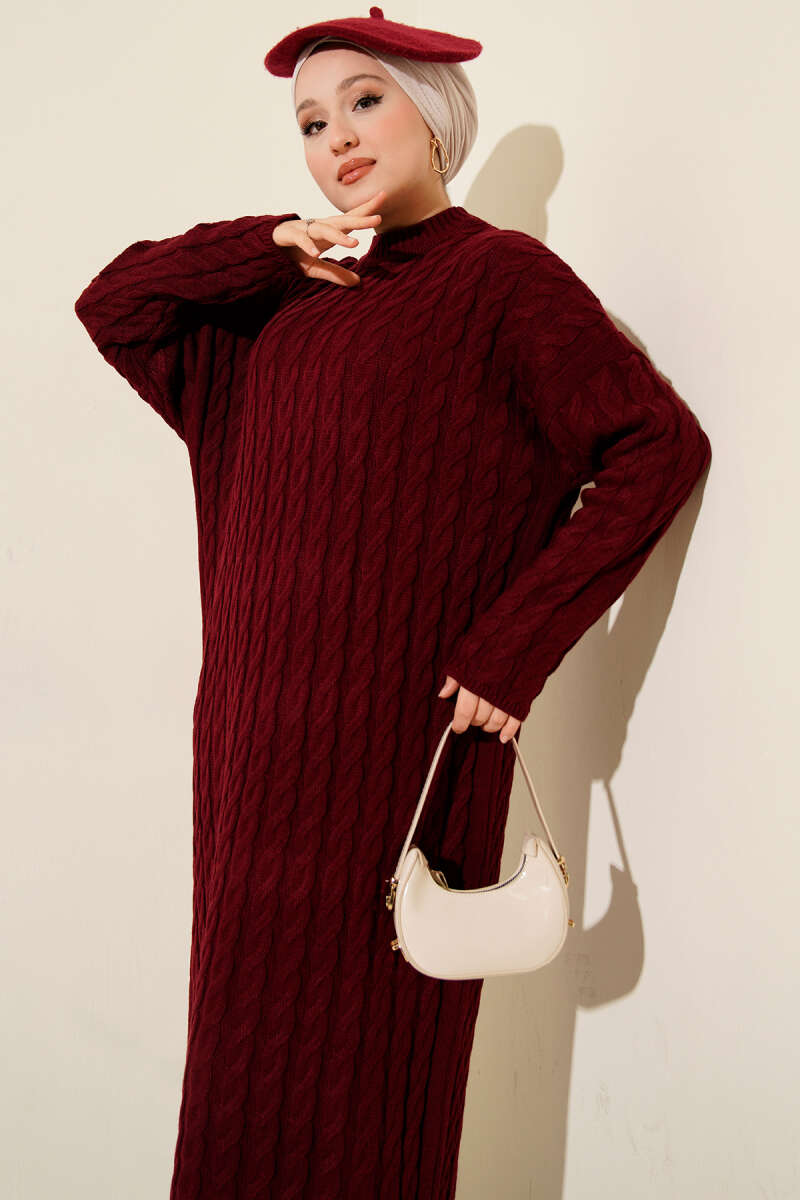 Braided Knit Dress Burgundy - الصورة 2