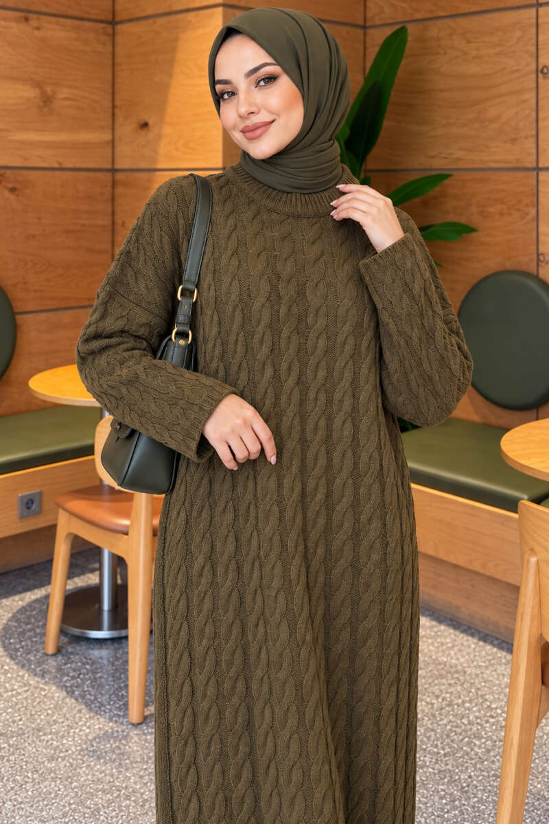 Braided Knit Dress Khaki – Image 2