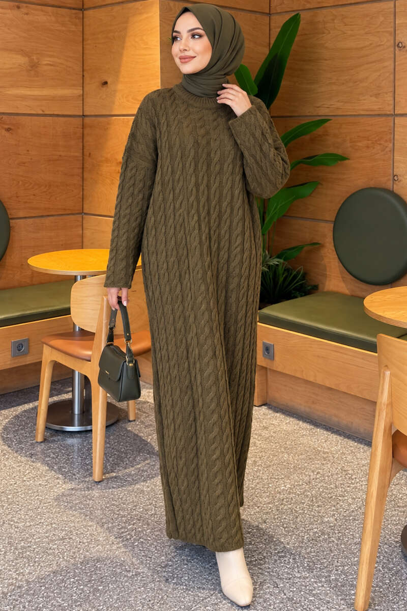 Braided Knit Dress Khaki – Image 3