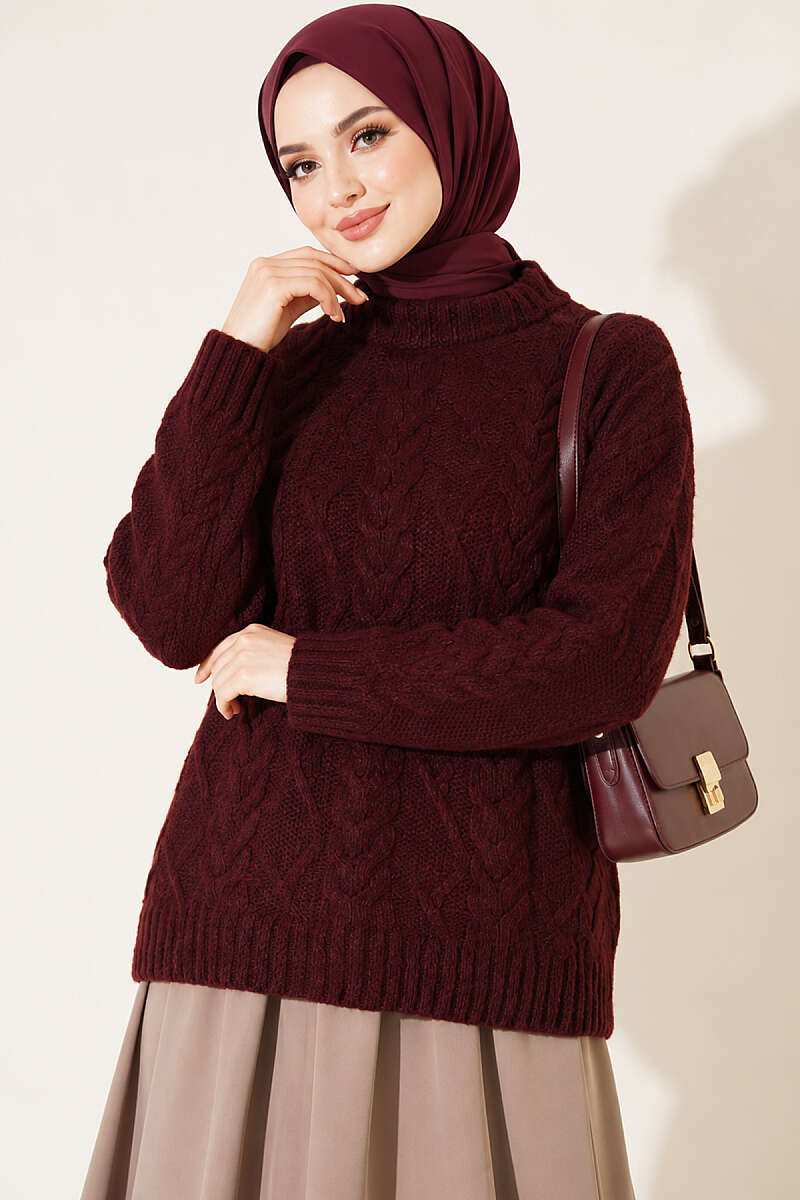 Braided Knit Sweater Burgundy