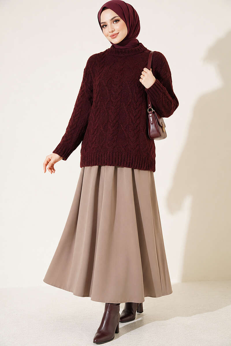 Braided Knit Sweater Burgundy - الصورة 2