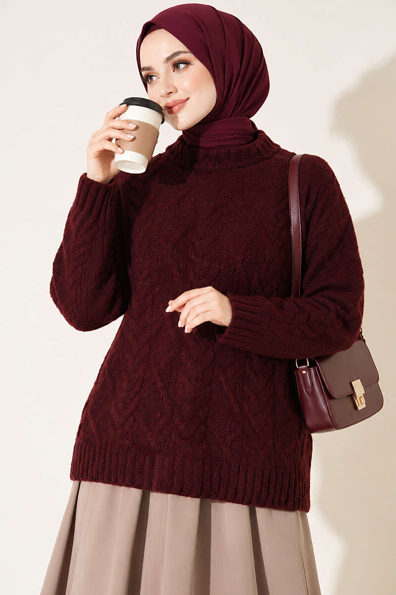 Braided Knit Sweater Burgundy - الصورة 3