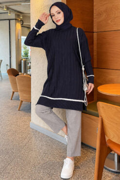 Alternative view of Beard-Detailed Mercerized Long Tunic Navy Blue