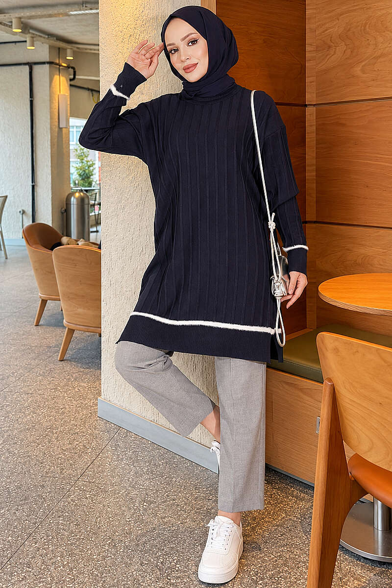 Beard-Detailed Mercerized Long Tunic Navy Blue - الصورة 2
