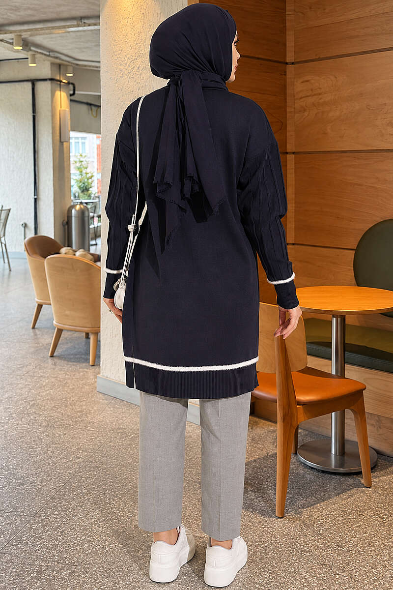 Beard-Detailed Mercerized Long Tunic Navy Blue - الصورة 3