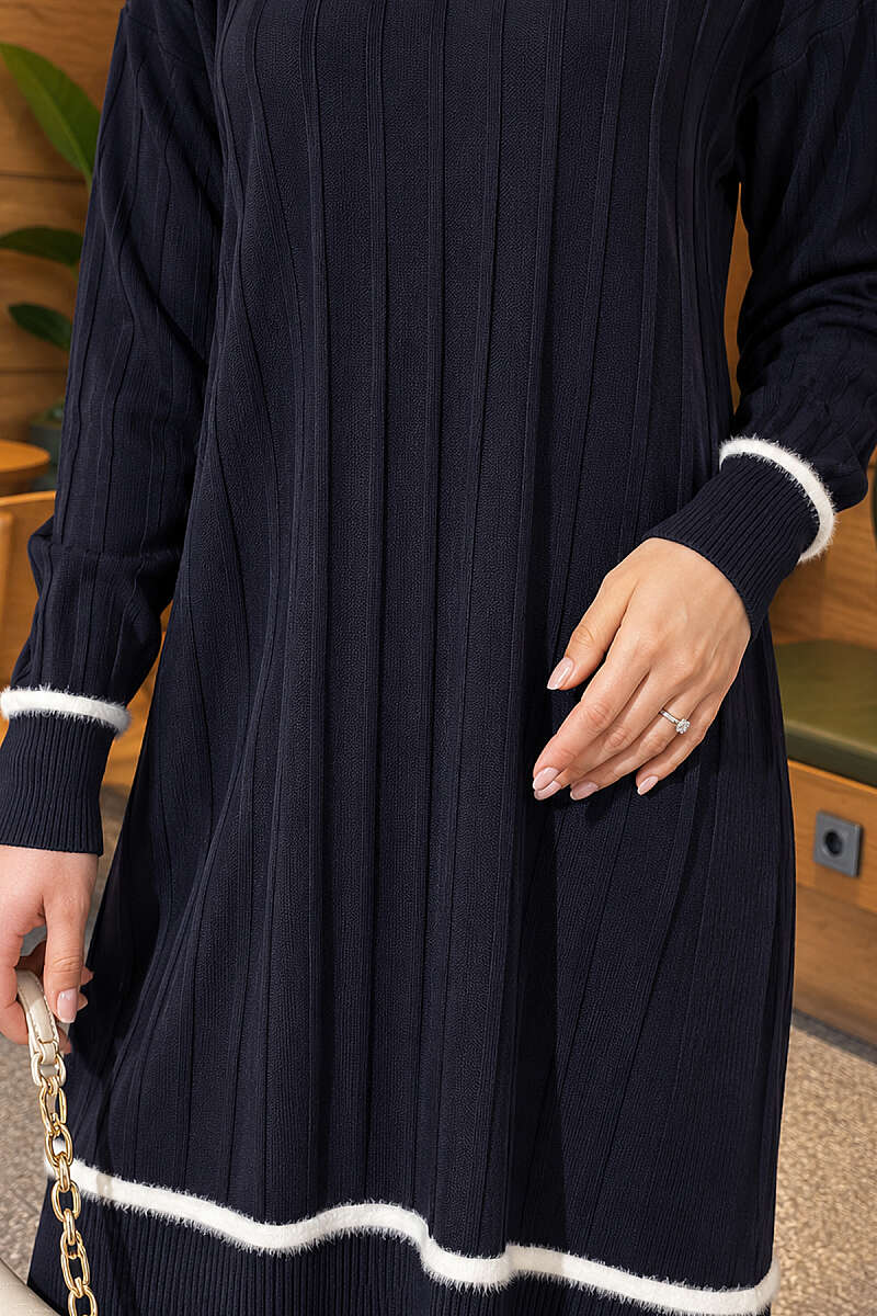 Beard-Detailed Mercerized Long Tunic Navy Blue - الصورة 4