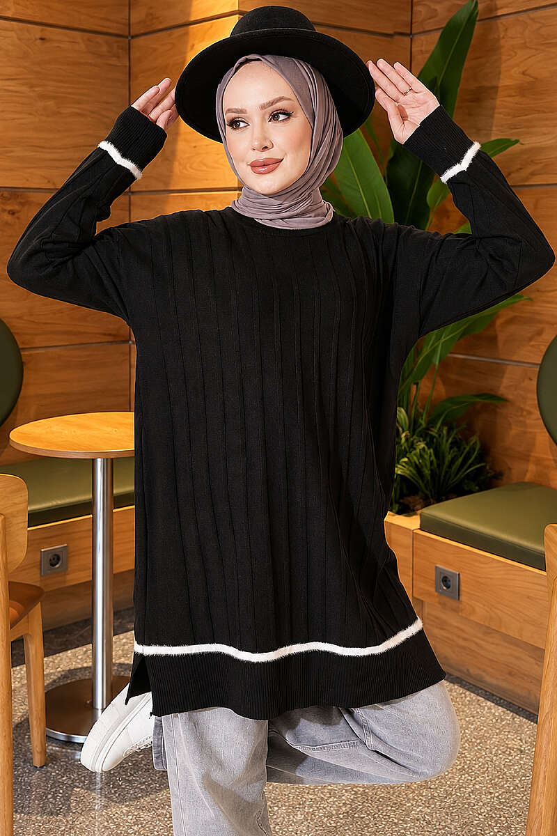 Beard-Detailed Mercerized Long Tunic Black