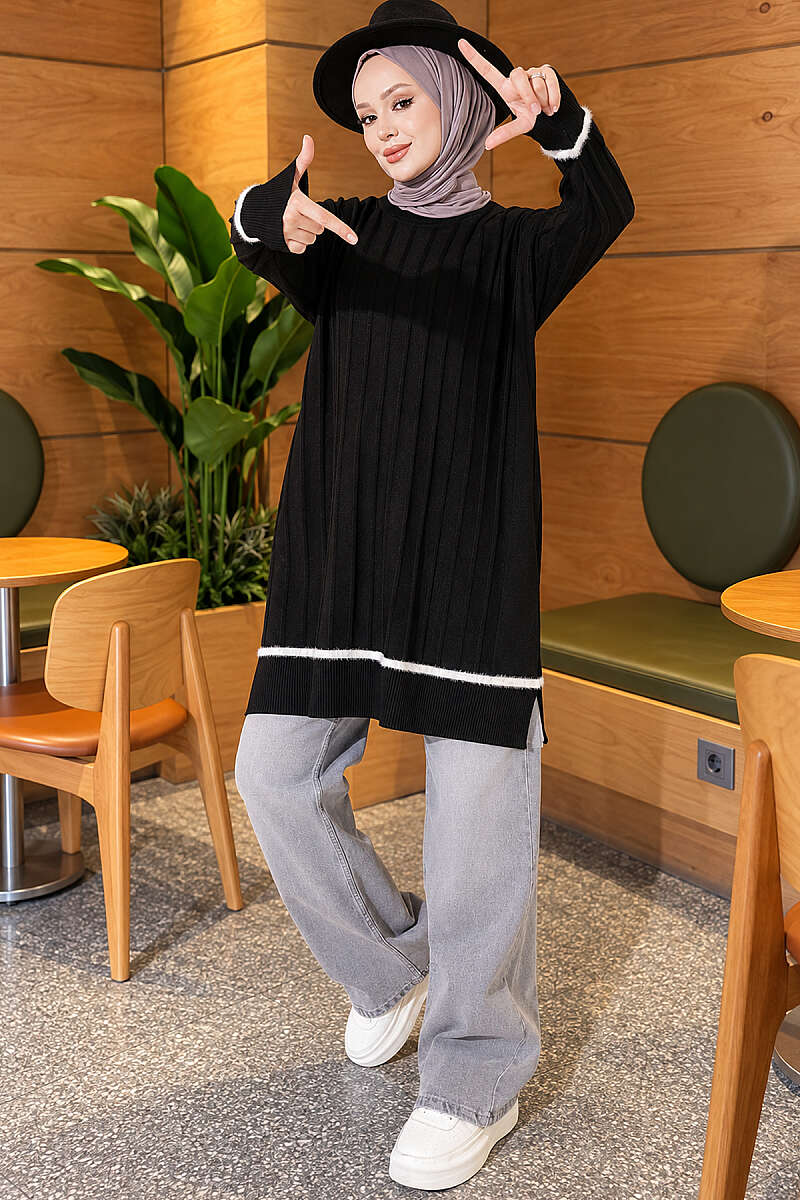 Beard-Detailed Mercerized Long Tunic Black - الصورة 2