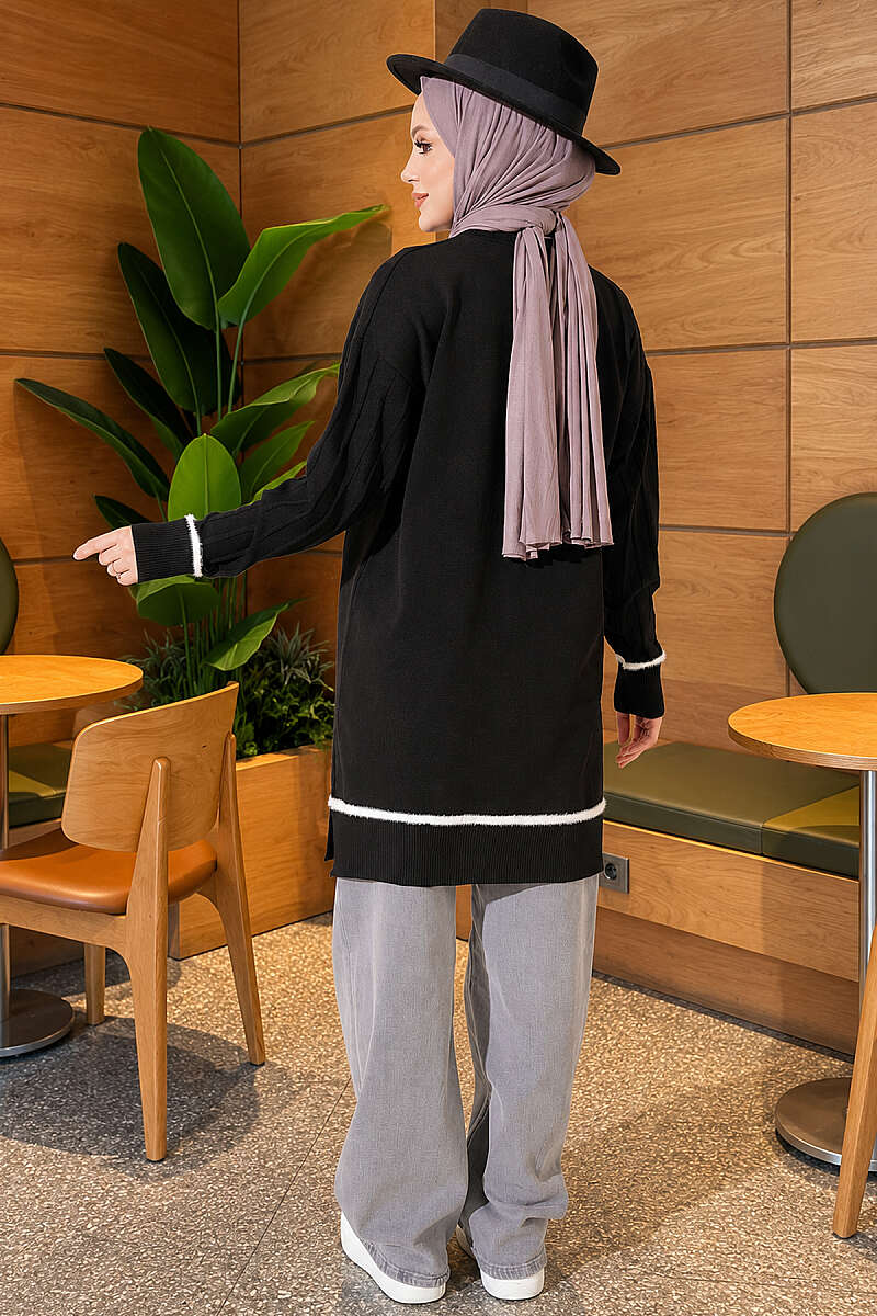 Beard-Detailed Mercerized Long Tunic Black - الصورة 3