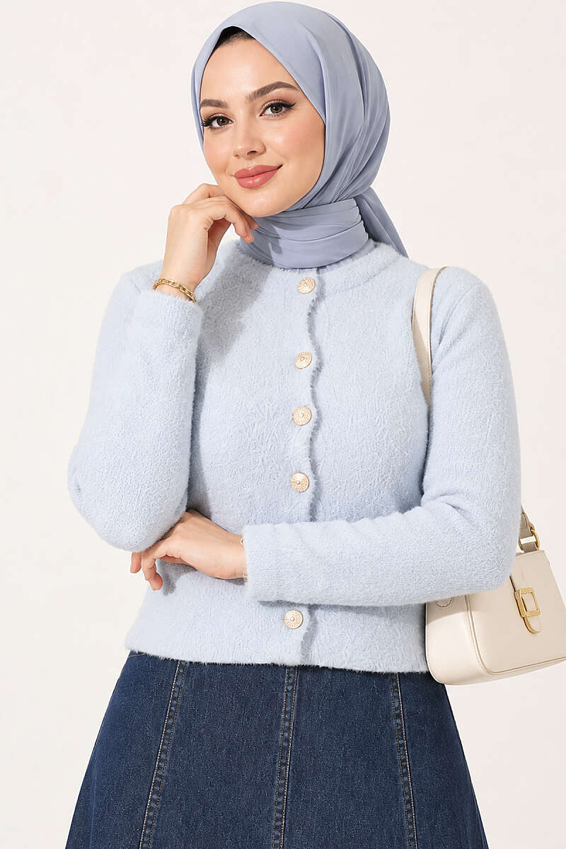 Hooded Short Cardigan with Button Detailing in French Terry Fabric Ice Blue