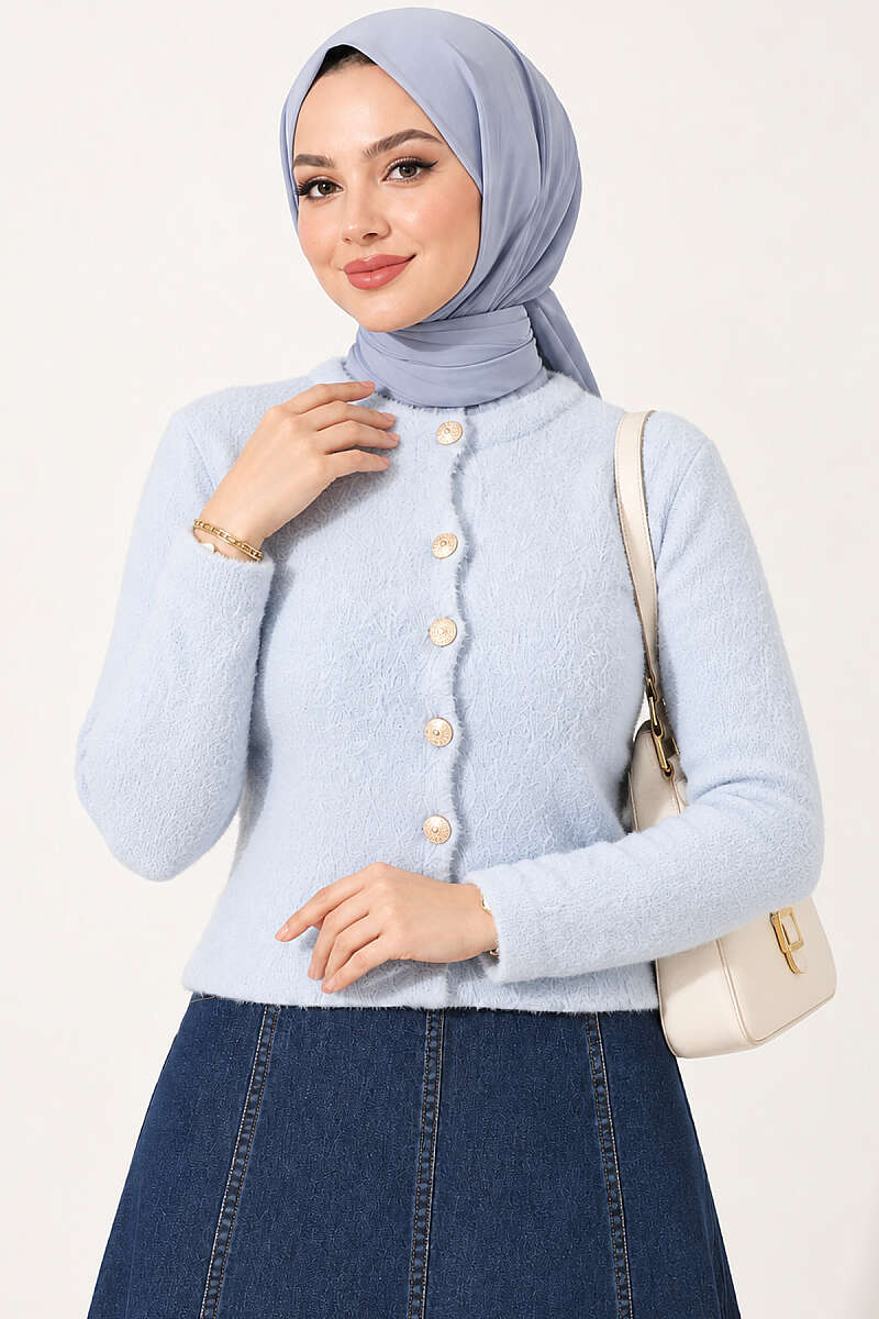 Hooded Short Cardigan with Button Detailing in French Terry Fabric Ice Blue - الصورة 2