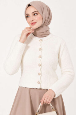 Alternative view of Hooded Short Cardigan with Button Detailing in French Terry Fabric Ecru