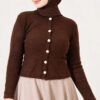 Hooded Short Cardigan with Button Detailing in French Terry Fabric Brown
