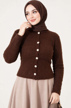 Alternative view of Hooded Short Cardigan with Button Detailing in French Terry Fabric Brown