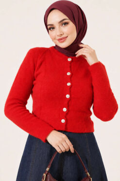 Alternative view of Hooded Short Cardigan with Button Detailing in French Terry Fabric Red