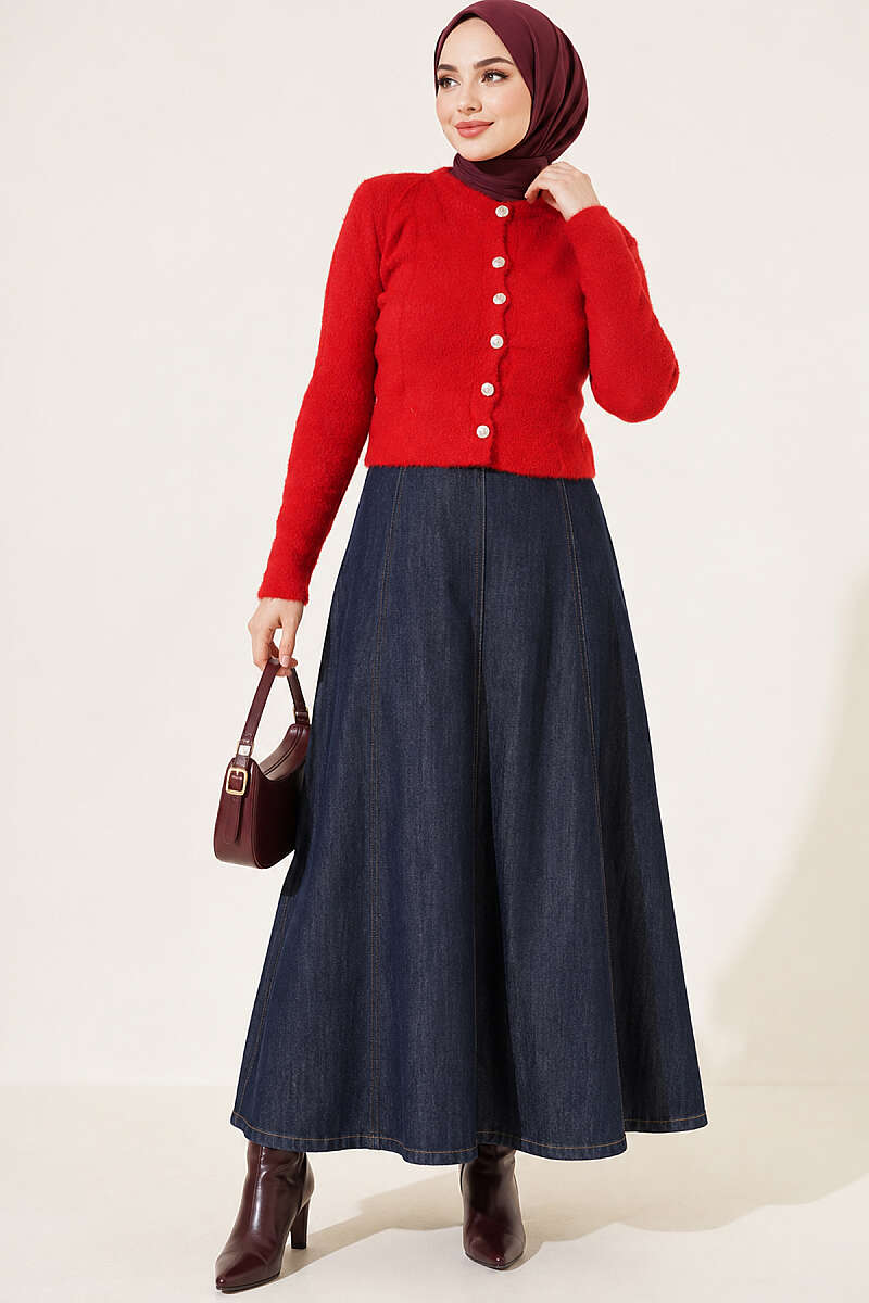 Hooded Short Cardigan with Button Detailing in French Terry Fabric Red - الصورة 3