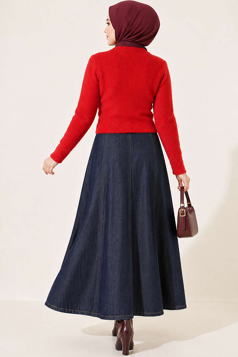 Hooded Short Cardigan with Button Detailing in French Terry Fabric Red - الصورة 4