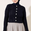 Hooded Short Cardigan with Button Detailing in French Terry Fabric Navy Blue