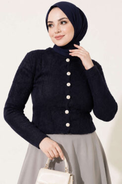 Alternative view of Hooded Short Cardigan with Button Detailing in French Terry Fabric Navy Blue
