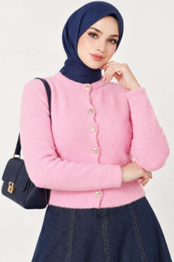 Alternative view of Hooded Short Cardigan with Button Detailing in French Terry Fabric Pink
